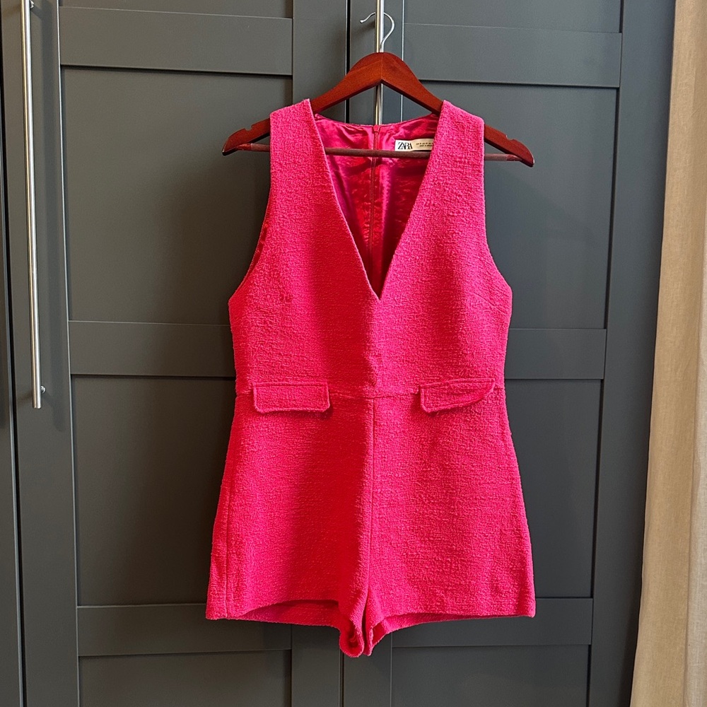 Zara Vibrant Hot Pink Textured V-Neck Romper